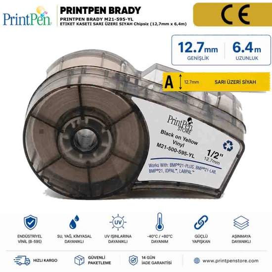 PRINTPEN BRADY M21-500-595-YL ETIKET KASETI SARI ÜZERI SIYAH Chipsiz (12,7mm x 6,4m)